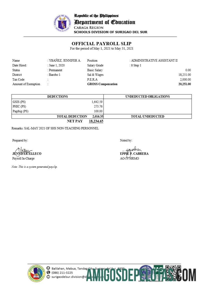 Imprimível Divisão Escolar das Filipinas de Surigao Del Sur Modelo de comprovante de folha de pagamento em formatos Word e PDF.pdf, 1